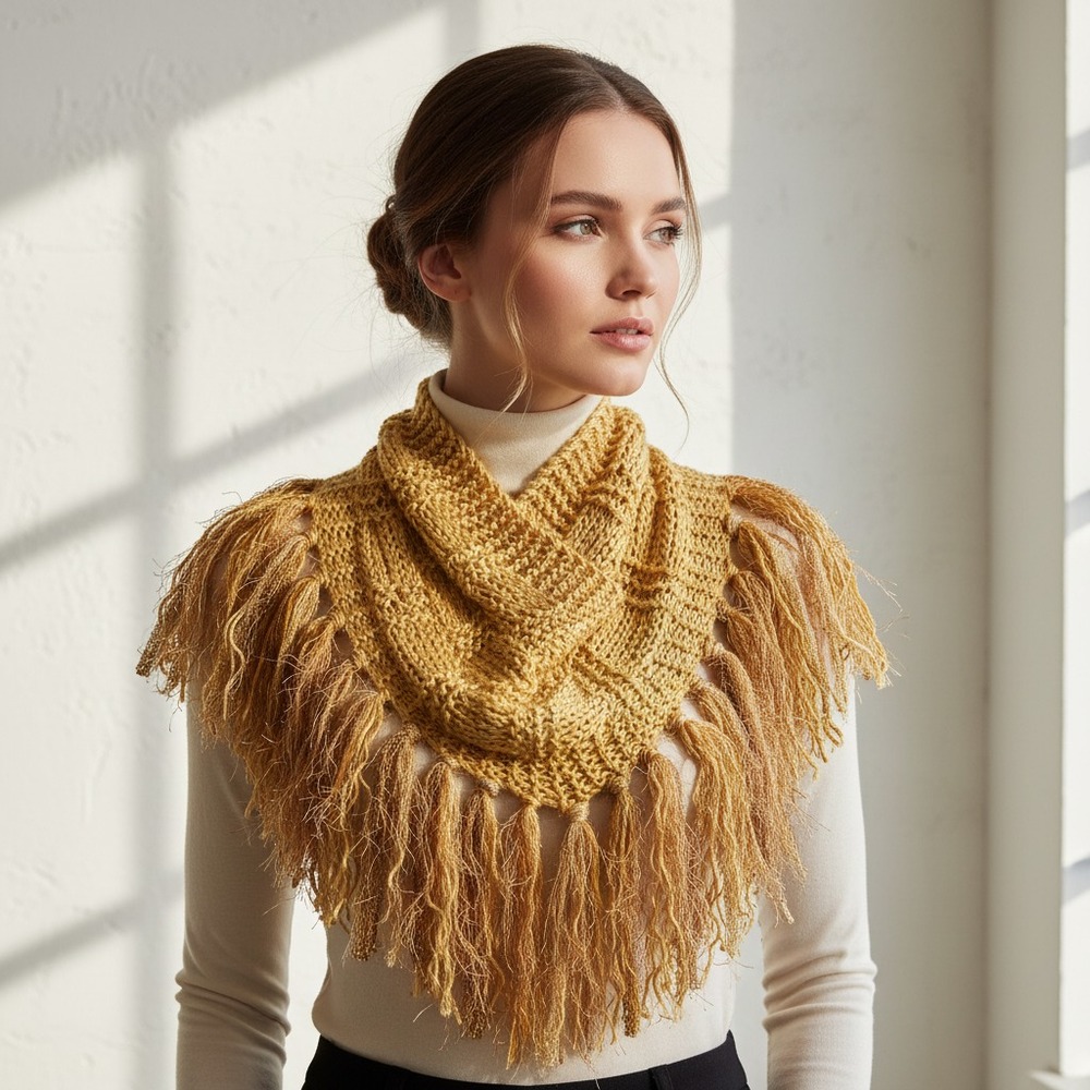 NEW Hand Knitted Yellow Gold Boho Cowl Scarf Fringe Womens Cottage Coquette Art